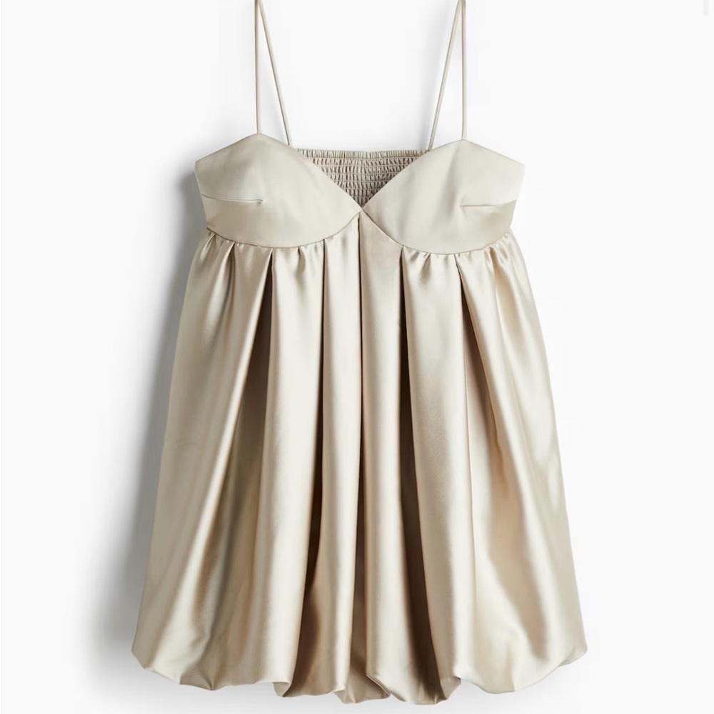 H&M Satin Cream PLEATED BUBBLE-HEM DRESS